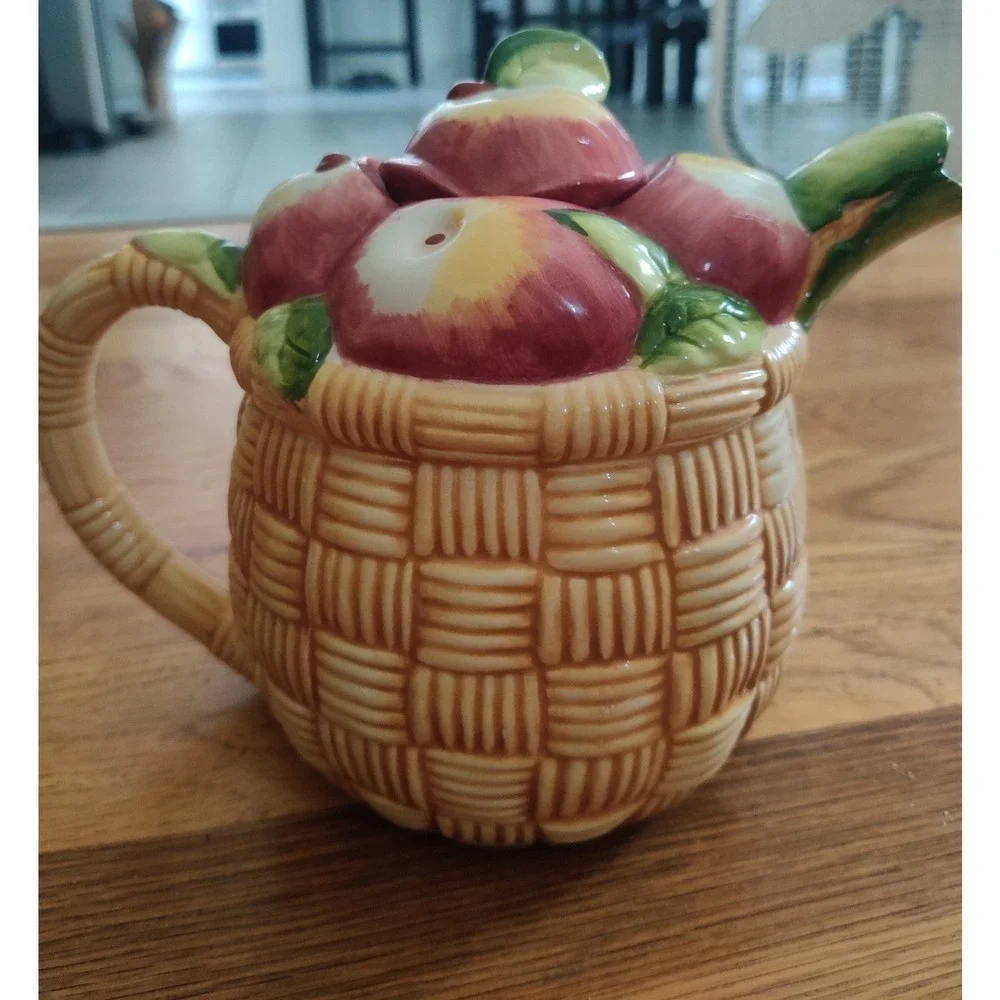 Vintage Ceramic Apple Basket Teapot Country Cottage Core Kitchen Decor